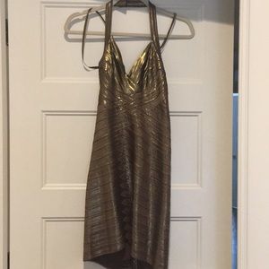 BCBG fitted bronze metallic bandage dress